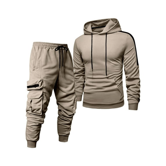 Men's Tracksuits 2 Piece Casual Long Sleeve Sweatsuits Athletic Hoodie and Sweatpants Set Jogging Suit Khaki 2XL