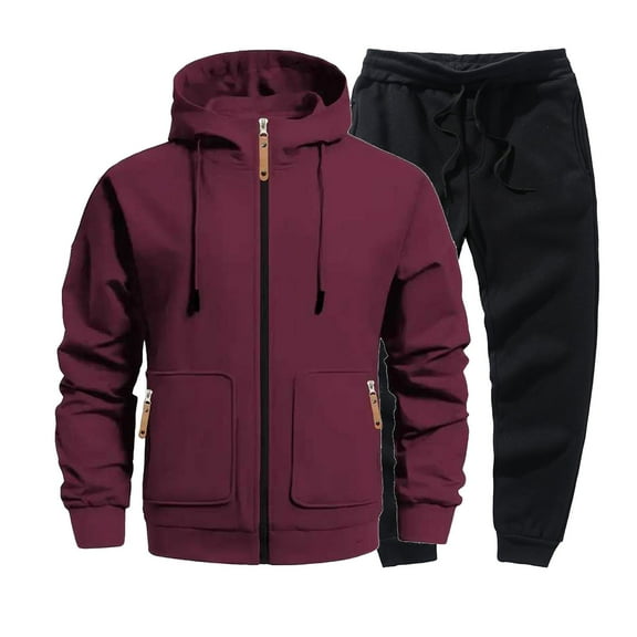 Men's Tracksuits 2 Piece Fall Winter Sports Casual Outfits Pockets Full Zip Hooded Jacket and Jogger Pant Sets (XL, Wine)