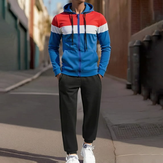Men's Tracksuits 2 Piece Outfit Full Zip Sports Jogging Suits Sets Athletic Running Sweatsuits with Zip Pockets Workout Sports Set Sportswear (Blue, XL)