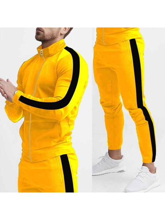 Men's Tracksuits 2 Piece Outfits Sweatsuits Long Sleeve Track Suits Athletic Full Zip Hoodies and Sweatpants Active Sports Sets for Men Yellow 2XL