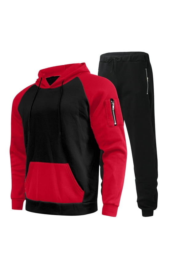 Men's Tracksuits 2 Piece Set Casual Color Block Relaxed Fit Hoodie Sweatshirt and Joggers Sweatpants Sets Pullover Suit with Pocket Red XXXL