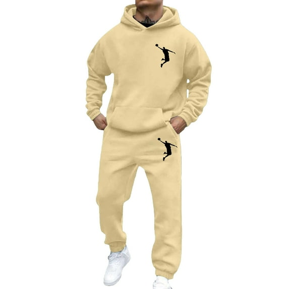 Men's Tracksuits 2 Piece Set Casual graphics print Relaxed Fit Hoodie Sweatshirt and Joggers Sweatpants Sets Pullover Suit with Pocket Light Yellow L