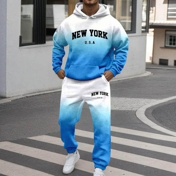 Men's Tracksuits 2 Piece Set Color Patchwork Loose Fit Hoodie Sweatshirt and Joggers Sweatpants Sets Versatile Fall Winter Long Sleeve Pullover Suit with Pocket