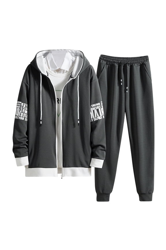 Men's Tracksuits 2 Piece Set Color Patchwork Loose Fit Hoodie Sweatshirt and Joggers Sweatpants Sets Versatile Pullover Suit with Pocket Dark Gray L