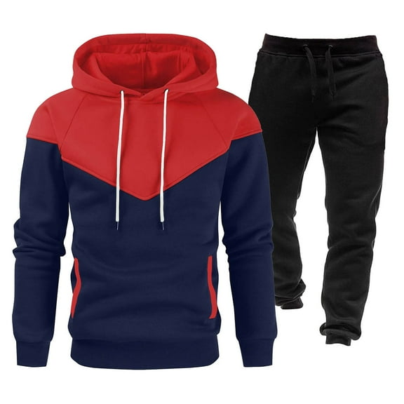 Men's Tracksuits 2 Piece Set Color Patchwork Loose Fit Hoodie Sweatshirt and Joggers Sweatpants Sets Versatile Pullover Suit with Pocket Red XXL