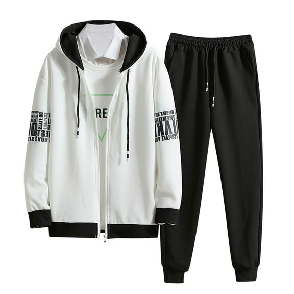 Men's Tracksuits 2 Piece Set Color Patchwork Loose Fit Hoodie Sweatshirt and Joggers Sweatpants Sets Versatile Pullover Suit with Pocket White XL