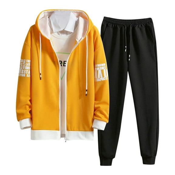 Men's Tracksuits 2 Piece Set Color Patchwork Loose Fit Hoodie Sweatshirt and Joggers Sweatpants Sets Versatile Pullover Suit with Pocket Yellow XXL