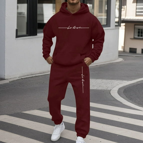 Men's Tracksuits 2 Piece Set Letter Graphic Hoodie Sweatshirt and Drawstring Sweatpants Sets Casual Solid Fall Winter Long Sleeve Pullover Suit with Pocket