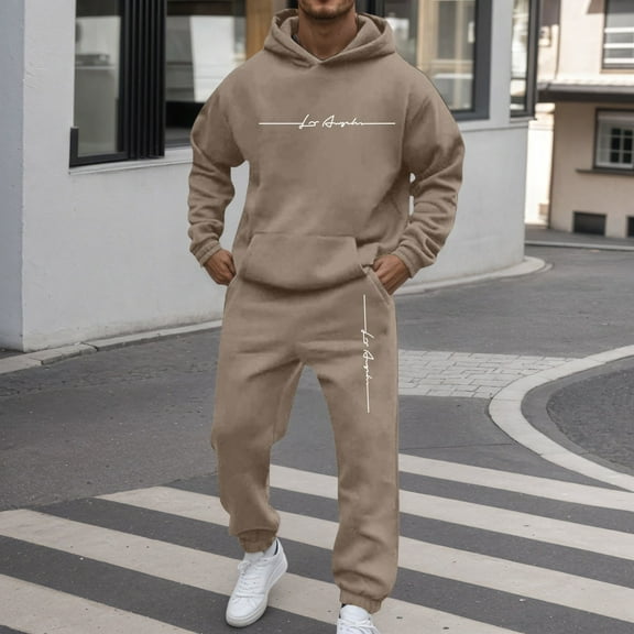 Men's Tracksuits 2 Piece Set Letter Graphic Hoodie Sweatshirt and Drawstring Sweatpants Sets Casual Solid Fall Winter Long Sleeve Sport Suit with Pocket
