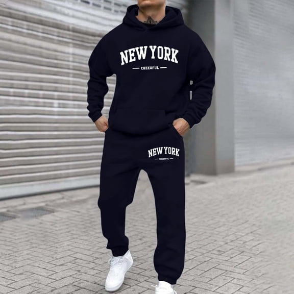 Men's Tracksuits 2 Piece Set Letter Print Loose Hoodies Sweatshirt And Joggers Sweatpants Set Casual Street Long Sleeve Sport Suit Set With Pocket Navy L