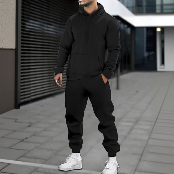 Men's Tracksuits 2 Piece Set Solid Color Loose Fit Hoodie Sweatshirt and Joggers Sweatpants Sets Versatile Sport Suits Clothes Outfits Black XXL