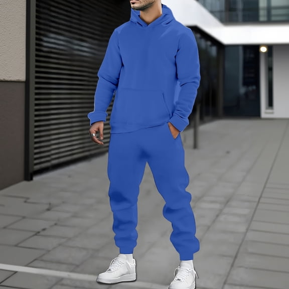 Men's Tracksuits 2 Piece Set Solid Color Loose Fit Hoodie Sweatshirt and Joggers Sweatpants Sets Versatile Sport Suits Clothes Outfits Blue XL