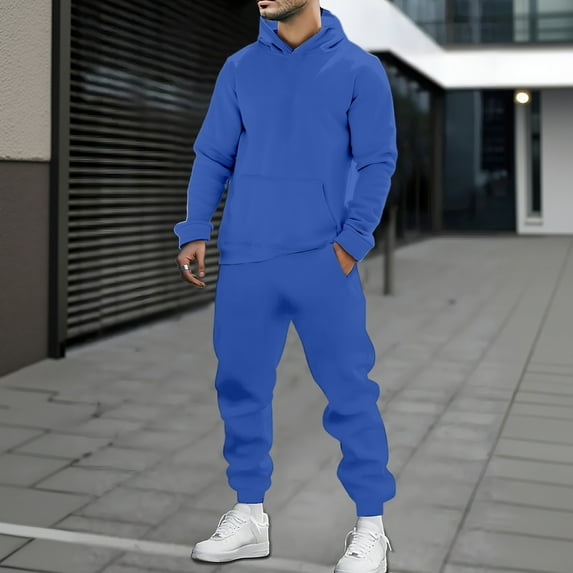 Men's Tracksuits 2 Piece Set Solid Color Loose Fit Hoodie Sweatshirt and Joggers Sweatpants Sets Versatile Sport Suits Clothes Outfits Blue XXL