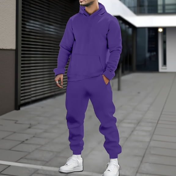Men's Tracksuits 2 Piece Set Solid Color Loose Fit Hoodie Sweatshirt and Joggers Sweatpants Sets Versatile Sport Suits Clothes Outfits Purple L