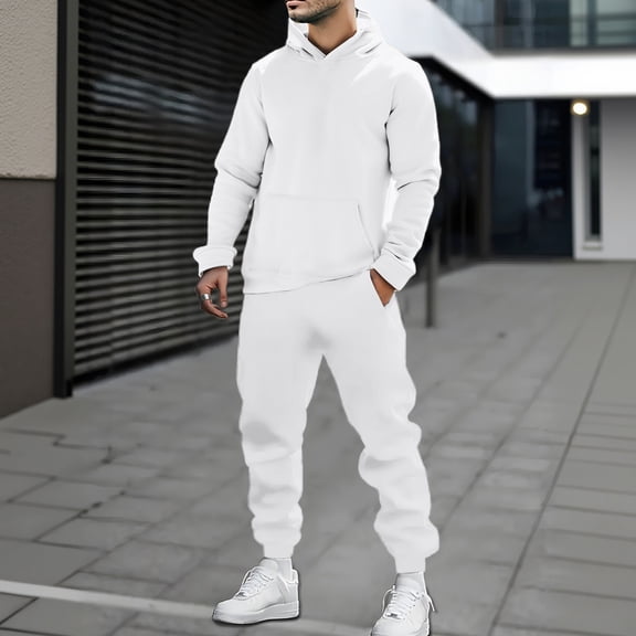 Men's Tracksuits 2 Piece Set Solid Color Loose Fit Hoodie Sweatshirt and Joggers Sweatpants Sets Versatile Sport Suits Clothes Outfits White XXL