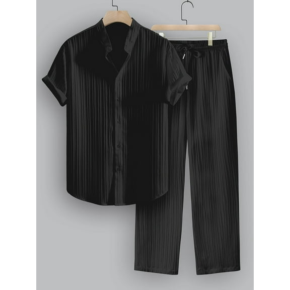 Men's Tracksuits 2pcs Short Sleeve Botton Workout Top & Trouser Set for Casual Sport Summer Outfits Lounge Black XL