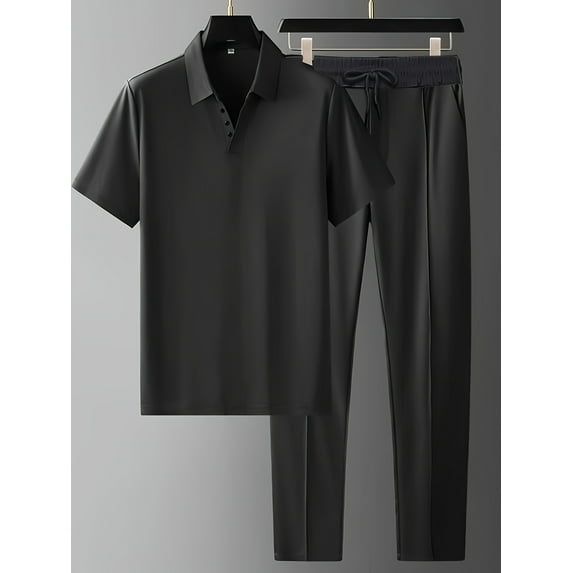 Men's Tracksuits 2pcs Short Sleeve Workout Top & Trouser Set for Casual Sport Summer Outfits Lounge Black XL