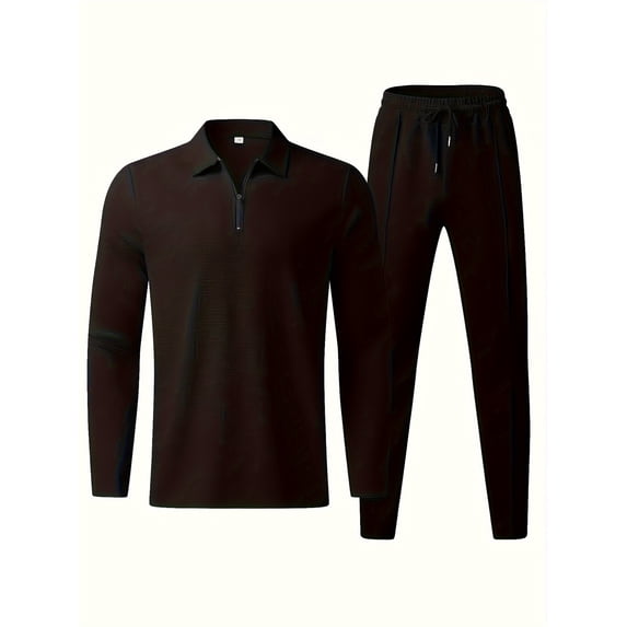 Men's Tracksuits Polo 2 Piece Outfits Long Sleeve Pullover Tracksuit Set Sweatshirt and Joggers Waffle Tops Bottoms Casual Sport Activewear Golf Suit Black L
