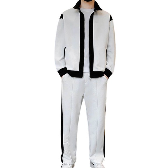 Men's Tracksuits Sports Casual Loungewear 2 Piece Outfits Colorblock Zip Up Lapel Jacket and Pant Sweatsuits Set (4XL, White #A)