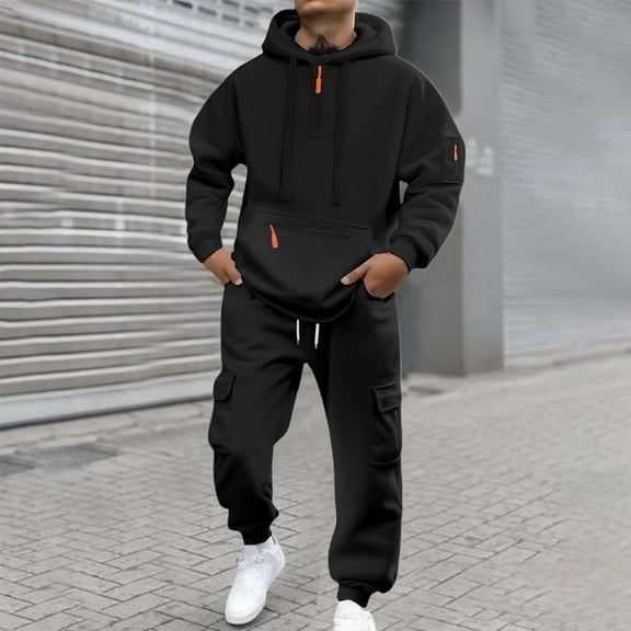 Men's Tracksuits Sweatsuits for Men Track Suits 2 Piece Set Long Sleeve Quarter Zipper Hoodie Casual Sports Outfits Track Suit for Jogging or Warm Up (Black, XL)