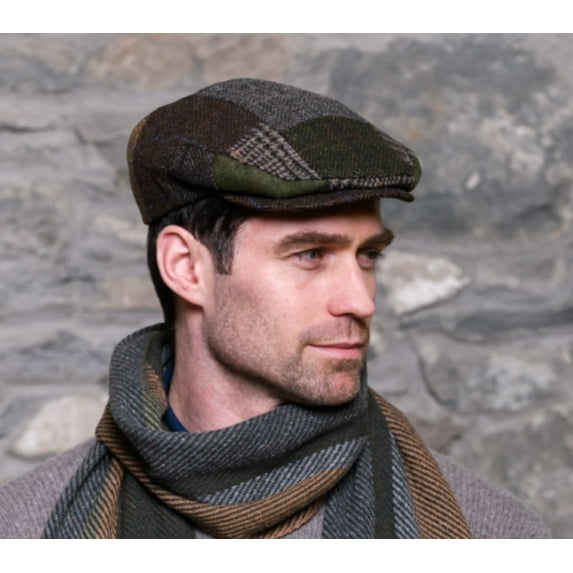 Men's Traditional Irish Wool Kerry Flat Cap, Fabric Patch B, Size X-Large Made By Mucros Weavers