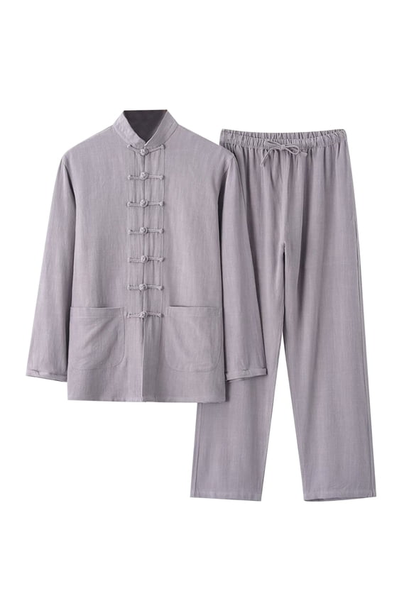Men's Traditional Mandarin Collar Linen Outfit â Long Sleeve Tang Suit with Buttons â Relaxed Fit Casual Wear for Spring Summer â Sizes M-XXXXXL