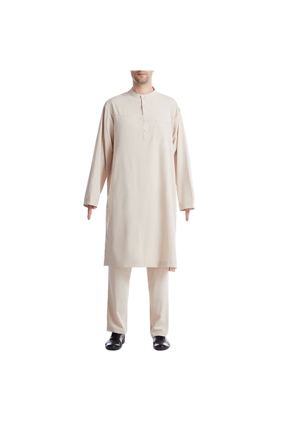 Men's Traditional Muslim Jubba Set, Arabic Thobe & Pants Islamic Prayer Suit with Mandarin Collar and Side Pockets,Beige,M