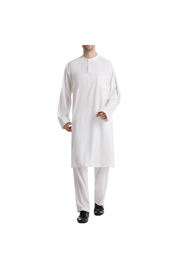 Men's Traditional Muslim Jubba Set, Arabic Thobe & Pants Islamic Prayer Suit with Mandarin Collar and Side Pockets,White,XXL