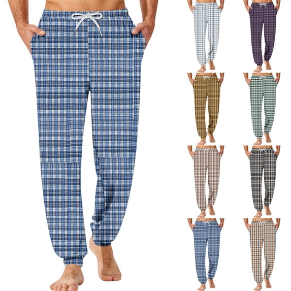 Men's Traditional Plaid Pajama Pants with Pockets & Drawstring - Cuffed Jogger Sleep Bottoms for Men, Elastic Waist Soft Lightweight Lounge Homewear Dark Blue L