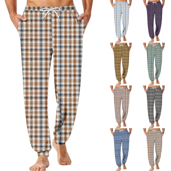 Men's Traditional Plaid Pajama Pants with Pockets & Drawstring - Cuffed Jogger Sleep Bottoms for Men, Elastic Waist Soft Lightweight Lounge Homewear Yellow S