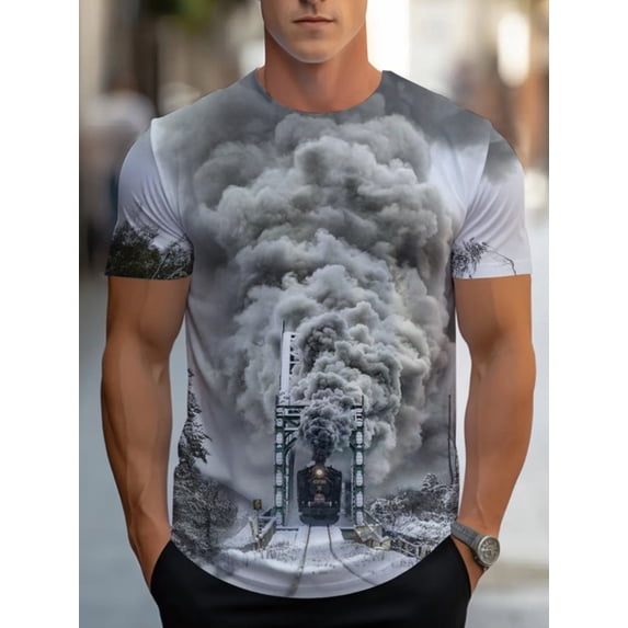 Men's Train Theme Short Sleeve T-Shirt - Soft and Breathable Summer Casual Crew Neck T-Shirt with Train Print, Grey Train Conductor and Railway Design for Outdoor Activities,