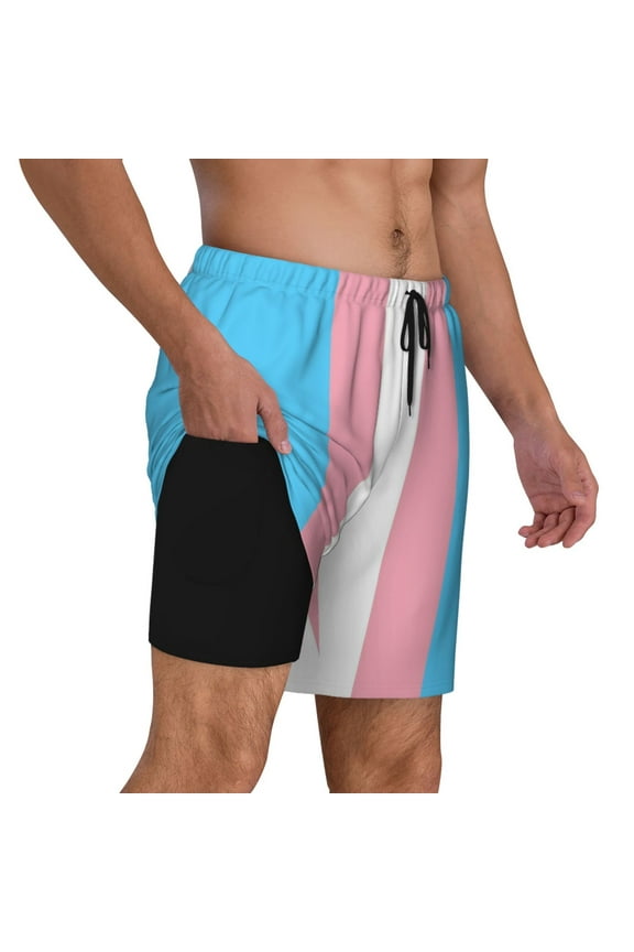 Men's Transgender Flag Swim Trunks with Compression Liner Bathing Suit Swimwear