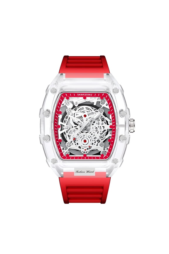 Men's Transparent Tonneau Skeleton Quartz Watch, Luminous, Silicone Strap, Waterproof Streetwear Wristwatch