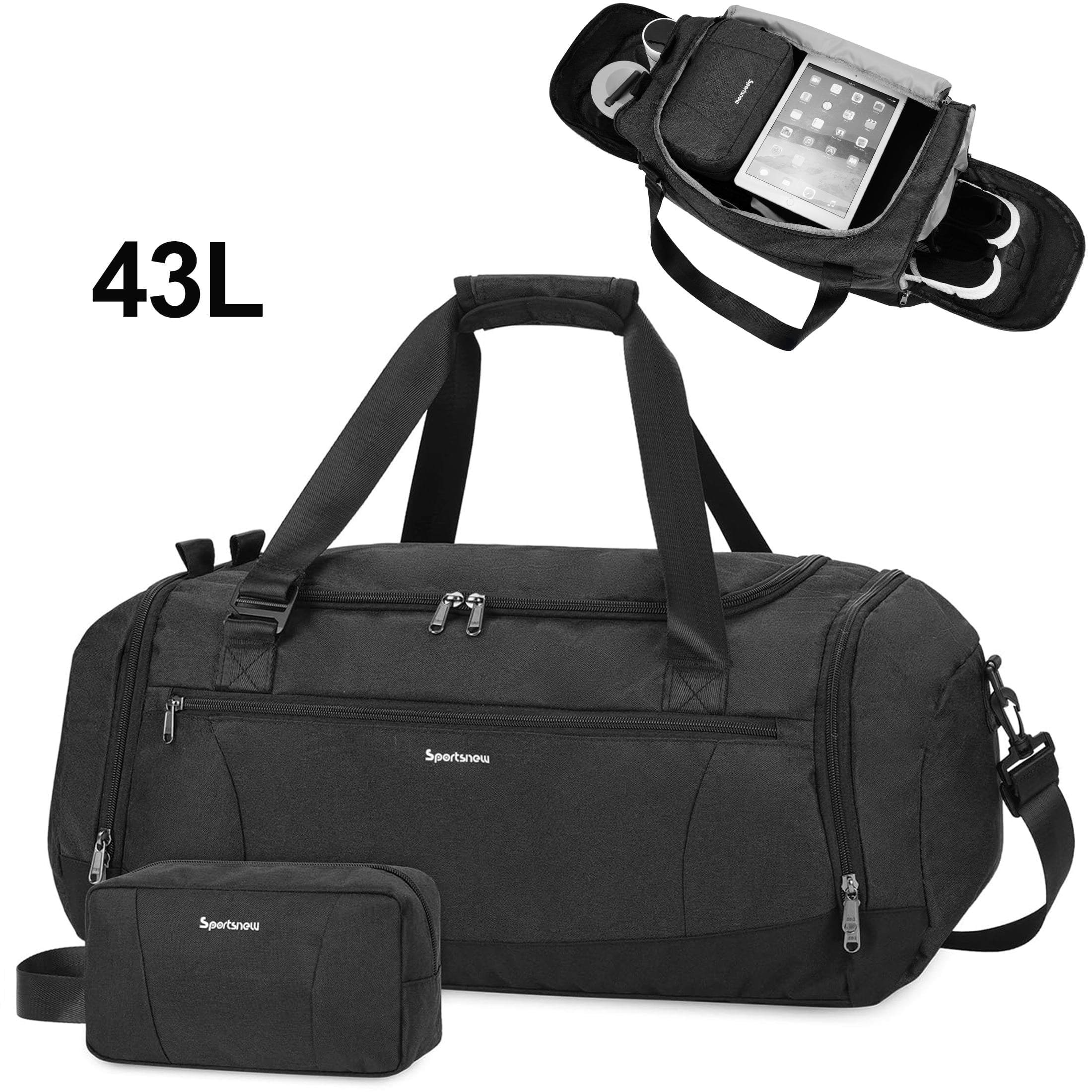 Gym Bags Set 2Pcs Men's Travel Duffel Bag with Toiletry Pouch Waterproof with Backpack Straps Shoe Compartment Wet Pocket for Women, Black
