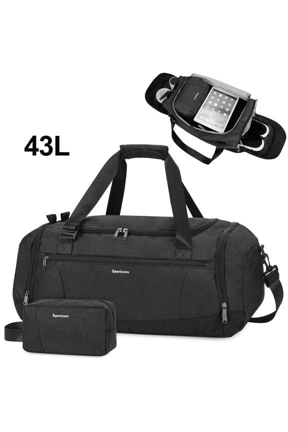 Gym Bags Set 2Pcs Men's Travel Duffel Bag with Toiletry Pouch Waterproof with Backpack Straps Shoe Compartment Wet Pocket for Women, Black