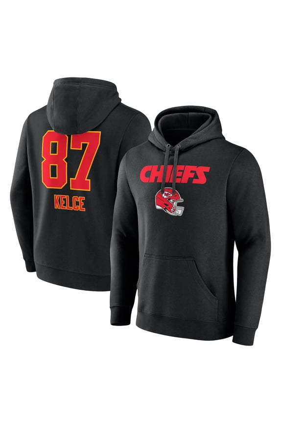 Men's Travis Kelce Black Kansas City Chiefs Team Wordmark Player Name & Number Pullover Hoodie