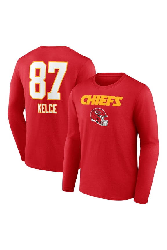 Men's Travis Kelce Red Kansas City Chiefs Team Wordmark Player Name & Number Long Sleeve T-Shirt