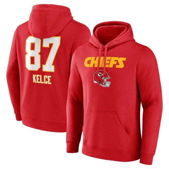 Men's Travis Kelce Red Kansas City Chiefs Team Wordmark Player Name & Number Pullover Hoodie