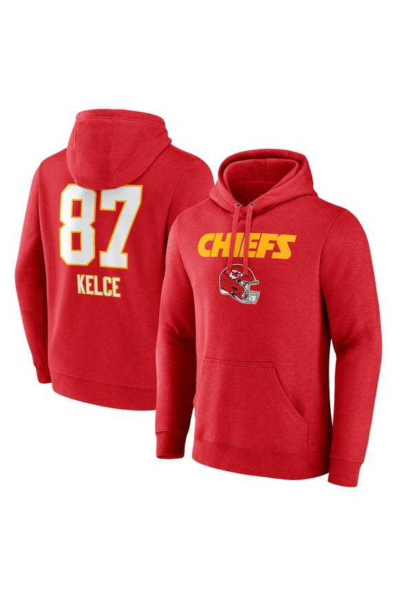 Men's Travis Kelce Red Kansas City Chiefs Team Wordmark Player Name & Number Pullover Hoodie