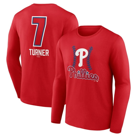 Men's Trea Turner Red Philadelphia Phillies Fastball Player Name & Number Long Sleeve T-Shirt