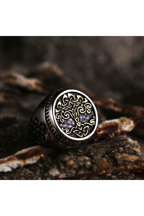 Men's Tree of Life Ring Stainless Steel Golden Band Fashion Ring for Him Retro Ethnic Ring Statement Ring Gift for Men Anniversary Ring Band Sizes 7 to 13