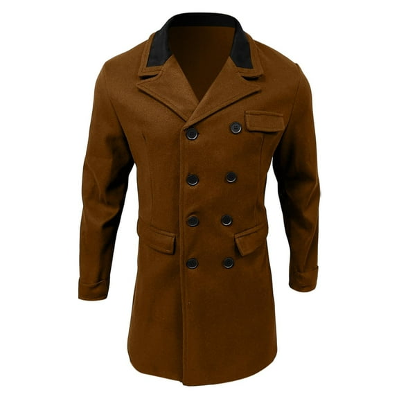 Men's Trench Coat Double Breasted Wool Blend Pea Coat Brown XXXXXS