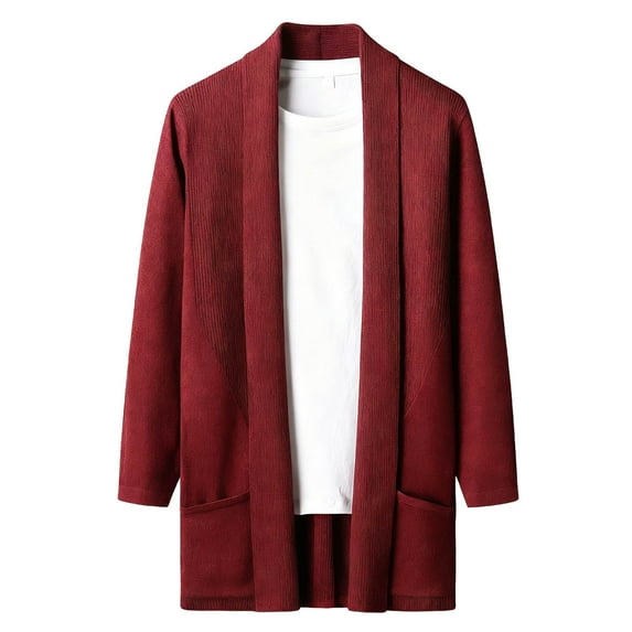 Men's Trench Coat Long Sleeve Lapel Collar Solid Ribbed Cardigan jacket with Pockets Red 2XS