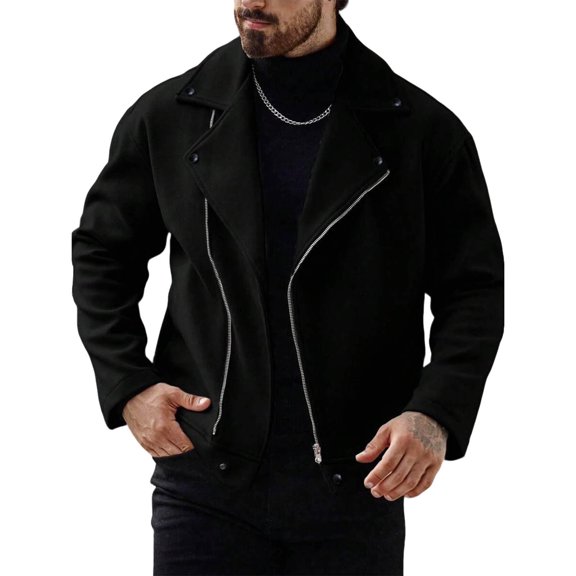 Men's Trench Coat Long Sleeve Notched Collar Full Zip Peacoat Wool Blend Winter Warm Motorcycle Outerwear with Pockets (XL, Black)