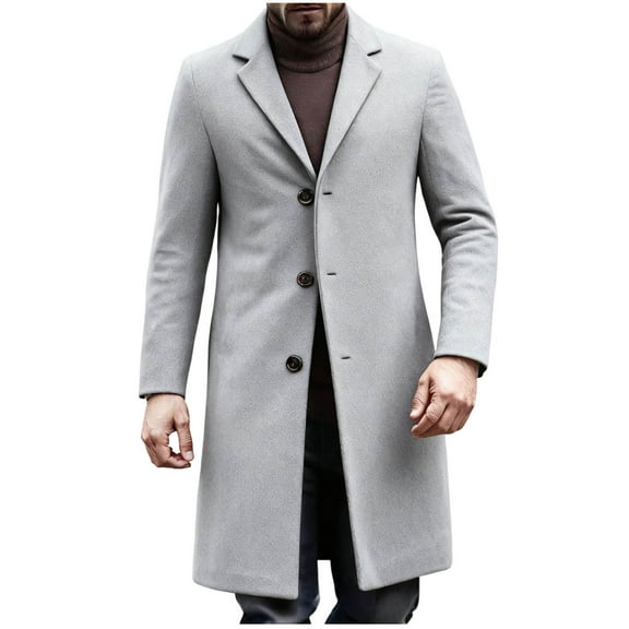 Men's Trench Coat Notched Collar Single-Breasted Mid Length Pea Coat Fall Winter Warm Soft Jacket Business Casual Overcoat (XS, Gray)