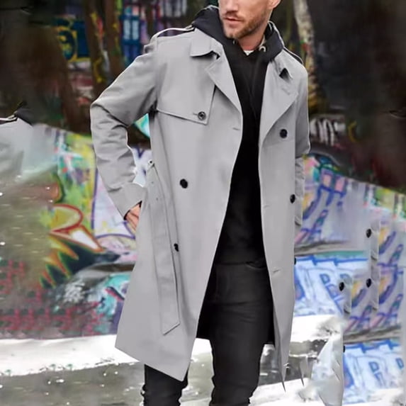 Men's Trench Coat Notched Lapel Belted Windbreaker Long Jacket Windproof Comfortable Durable Overcoat, M