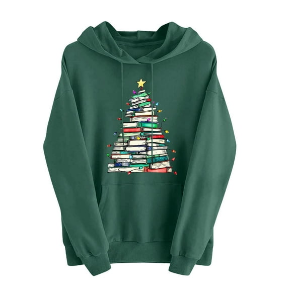 Christmas Hoodie for Women Casual Xmas Tree Graphic Loose Fit Long Sleeve Hooded Pullover Sweatshirt Funny Holiday Tops (L, Green-10)