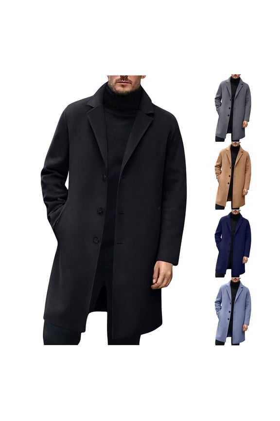 Men's Trench Coat Wool Blend Notched Collar Single Breasted Overcoat Business Casual Winter Jacket with Pockets for Christmas Holiday,Black,L