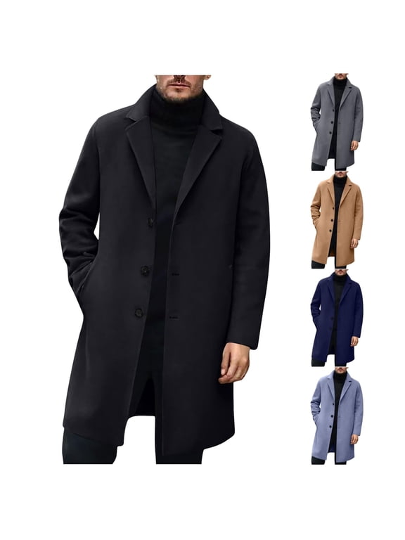 Men's Trench Coat Wool Blend Notched Collar Single Breasted Overcoat Business Casual Winter Jacket with Pockets for Christmas Holiday,Black,M