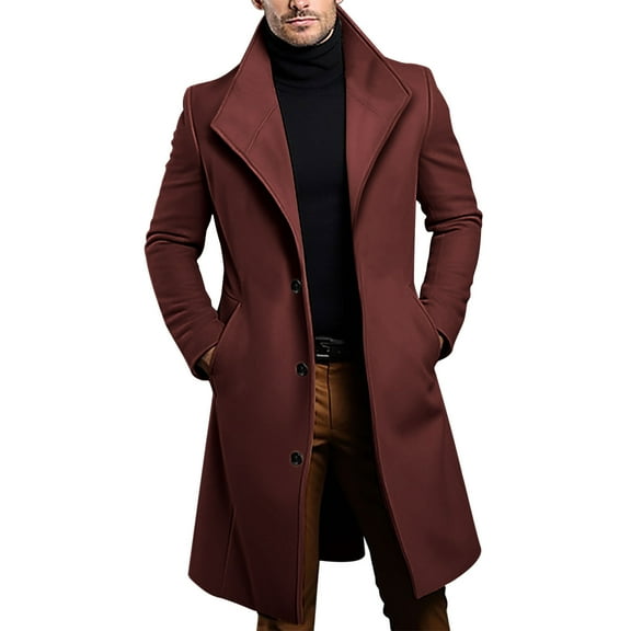 Men's Trench Coats Notched Collar Peacoat Long Outwear Business Overcoat Single Breasted Wool Coat Winter Thicken Overcoat Dressy Outfits(Wine,M)
